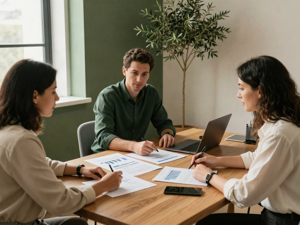 Consultants collaborating around business reports during a focused strategy session